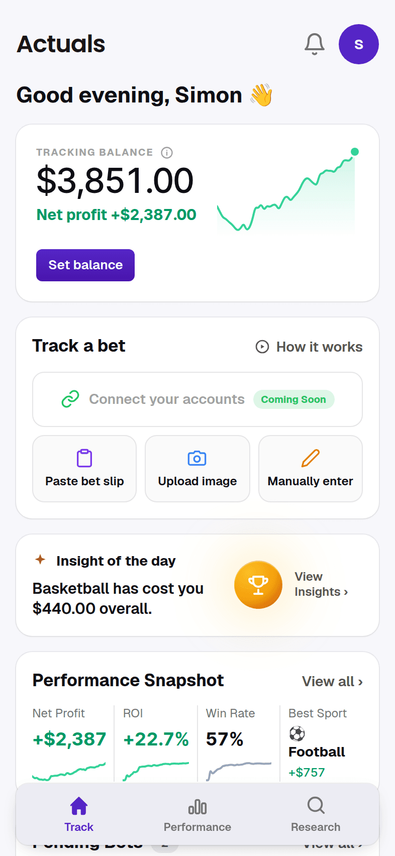 The Track page, showing a tracking balance and the ways to log a bet